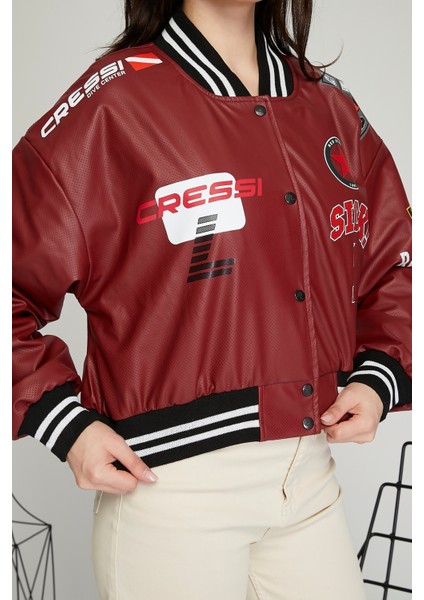 Kadın Baskılı Kolej Mont Bomber Ceket Deri Mont Oversize Deri Biker Yarışçı Motorcu Deri Ceket indirimleri