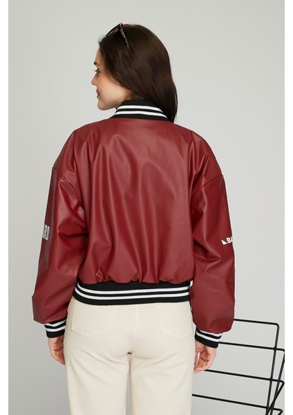 Kadın Baskılı Kolej Mont Bomber Ceket Deri Mont Oversize Deri Biker Yarışçı Motorcu Deri Ceket