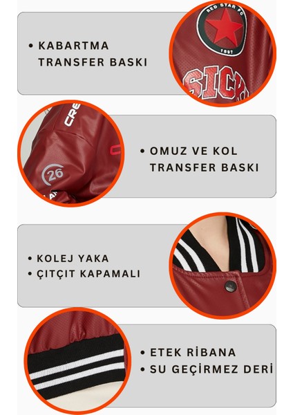 Kadın Baskılı Kolej Mont Bomber Ceket Deri Mont Oversize Deri Biker Yarışçı Motorcu Deri Ceket