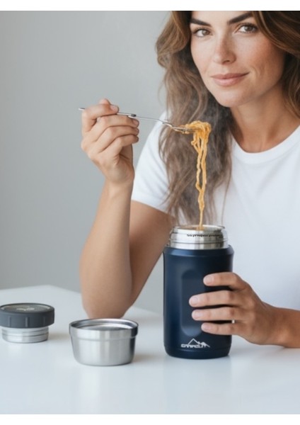Kaşıklı Yemek Termosu Okul Iş Seyahat Kamp Çelik Mama Yemek Termos Kılıflı Askılıklı 316 Çelik 600ML