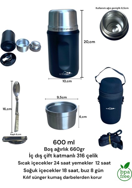 Kaşıklı Yemek Termosu Okul Iş Seyahat Kamp Çelik Mama Yemek Termos Kılıflı Askılıklı 316 Çelik 600ML fırsatları