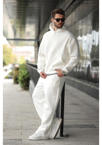 Ekru Kapüşonlu Kanguru Cep Erkek Eşofman Takımı E7338