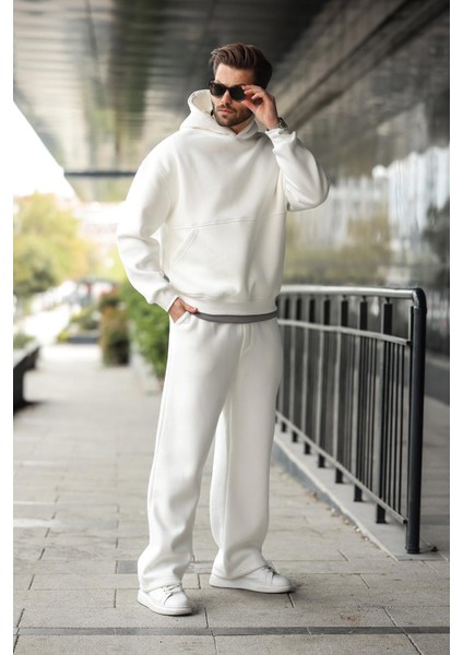 Ekru Kapüşonlu Kanguru Cep Erkek Eşofman Takımı E7338 indirimleri
