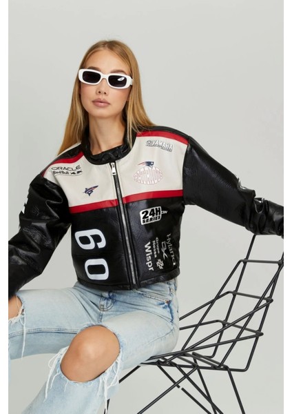 Kadın Puf Deri Oversize Baskılı Motorcu Montu Şeritli Fermuarlı Yarışçı Ceketi Bomber Kolej Mont fiyatları