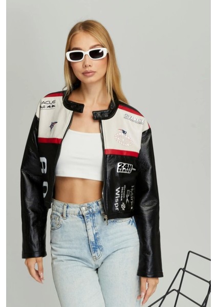 Kadın Puf Deri Oversize Baskılı Motorcu Montu Şeritli Fermuarlı Yarışçı Ceketi Bomber Kolej Mont modelleri