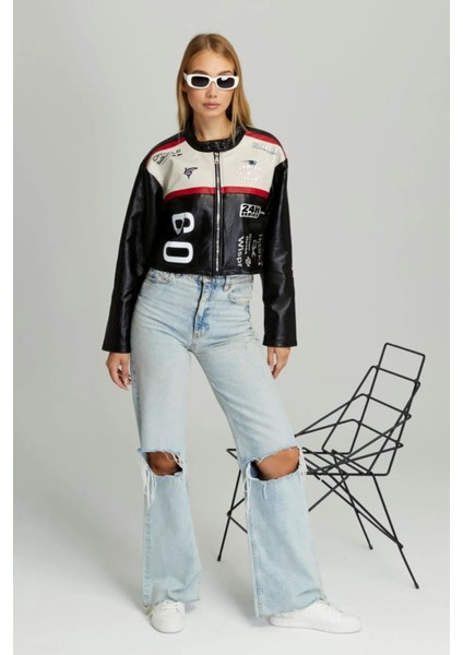 Kadın Puf Deri Oversize Baskılı Motorcu Montu Şeritli Fermuarlı Yarışçı Ceketi Bomber Kolej Mont fırsatları