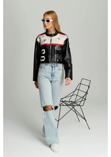 Kadın Puf Deri Oversize Baskılı Motorcu Montu Şeritli Fermuarlı Yarışçı Ceketi Bomber Kolej Mont indirimleri