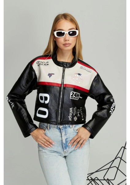 Kadın Puf Deri Oversize Baskılı Motorcu Montu Şeritli Fermuarlı Yarışçı Ceketi Bomber Kolej Mont