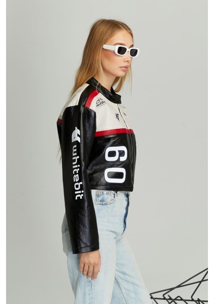 Kadın Puf Deri Oversize Baskılı Motorcu Montu Şeritli Fermuarlı Yarışçı Ceketi Bomber Kolej Mont