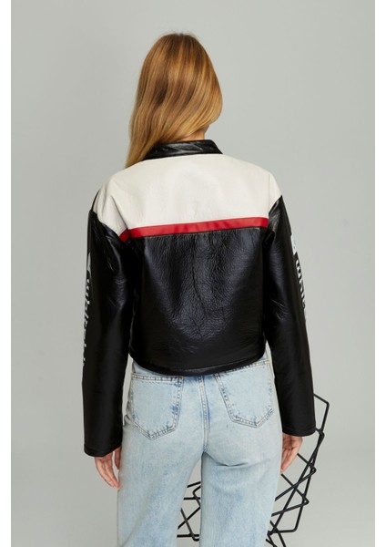 Kadın Puf Deri Oversize Baskılı Motorcu Montu Şeritli Fermuarlı Yarışçı Ceketi Bomber Kolej Mont