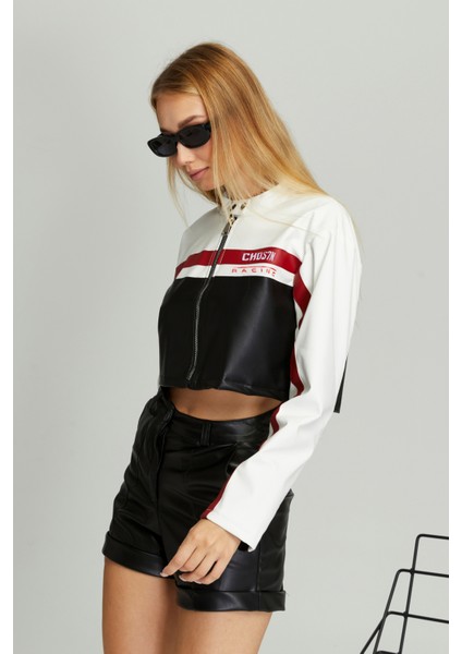 Kadın Kısa Oversize Baskılı Motorcu Ceketi Fermuarlı Kolej Mont Bomber Deri Yarışçı Montu modelleri