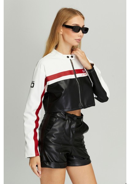Kadın Kısa Oversize Baskılı Motorcu Ceketi Fermuarlı Kolej Mont Bomber Deri Yarışçı Montu fırsatları