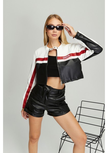 Kadın Kısa Oversize Baskılı Motorcu Ceketi Fermuarlı Kolej Mont Bomber Deri Yarışçı Montu