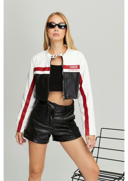 Kadın Kısa Oversize Baskılı Motorcu Ceketi Fermuarlı Kolej Mont Bomber Deri Yarışçı Montu