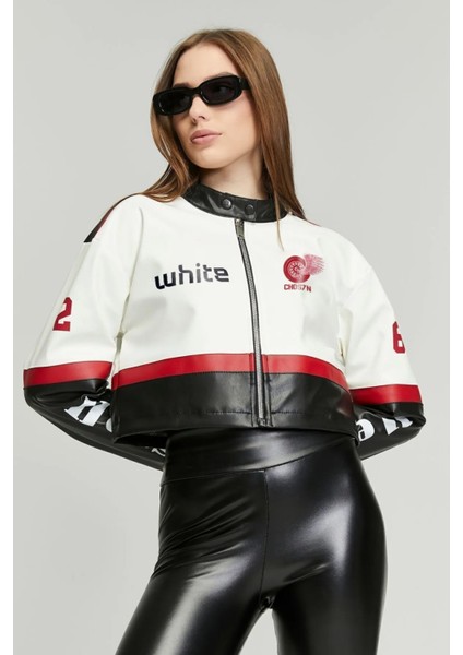 Kadın Deri Oversize Baskılı Motorcu Montu Garnili Kolej Mont Yarışçı Montu Motorcu Ceketi Kırmızı