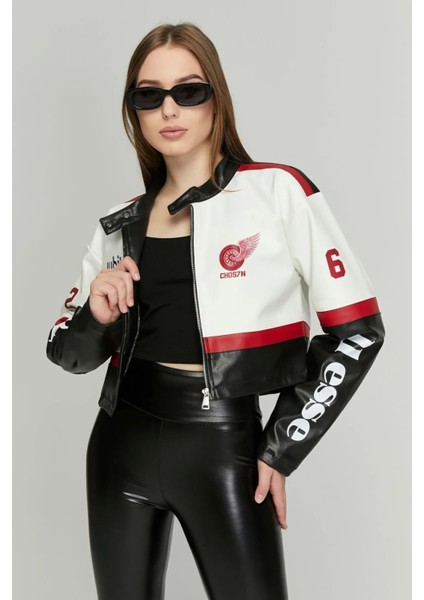 Kadın Deri Oversize Baskılı Motorcu Montu Garnili Kolej Mont Yarışçı Montu Motorcu Ceketi Kırmızı fiyatları