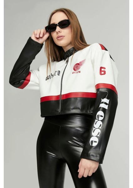Kadın Deri Oversize Baskılı Motorcu Montu Garnili Kolej Mont Yarışçı Montu Motorcu Ceketi Kırmızı modelleri