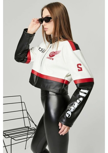 Kadın Deri Oversize Baskılı Motorcu Montu Garnili Kolej Mont Yarışçı Montu Motorcu Ceketi Kırmızı fırsatları