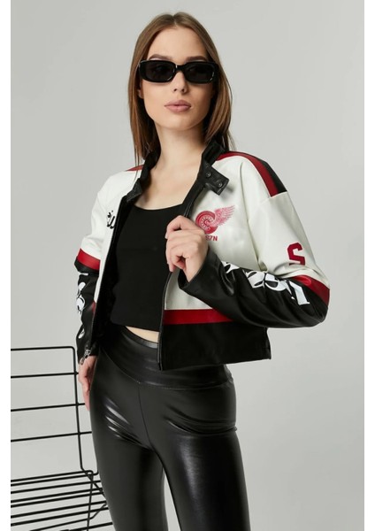 Kadın Deri Oversize Baskılı Motorcu Montu Garnili Kolej Mont Yarışçı Montu Motorcu Ceketi Kırmızı indirimleri