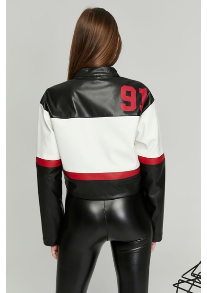 Kadın Deri Oversize Baskılı Motorcu Montu Garnili Kolej Mont Yarışçı Montu Motorcu Ceketi Kırmızı