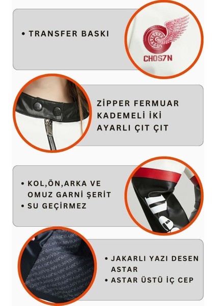 Kadın Deri Oversize Baskılı Motorcu Montu Garnili Kolej Mont Yarışçı Montu Motorcu Ceketi Kırmızı