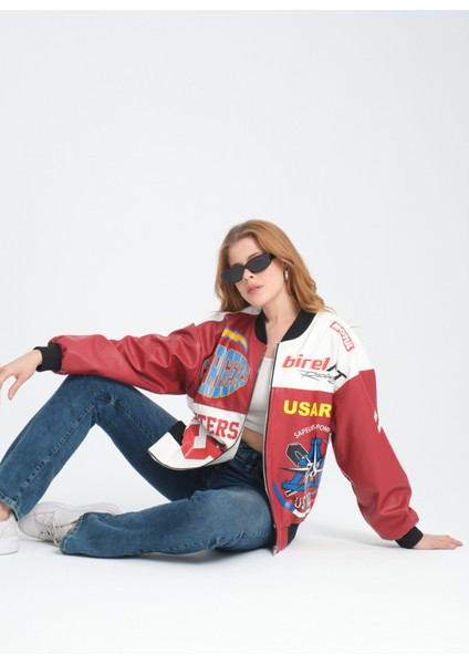 Kadın Oversize Baskılı Deri Motorcu Montu Fermuarlı Yarışçı Ceket Astarlı Bomber Kolej Mont