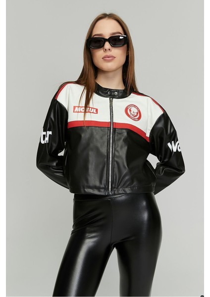 Kadın Oversize Baskılı Deri Şeritli Motorcu Montu Kısa Fermuarlı Yarışçı Ceketi Bomber Kolej Mont