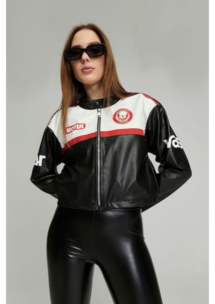 Kadın Oversize Baskılı Deri Şeritli Motorcu Montu Kısa Fermuarlı Yarışçı Ceketi Bomber Kolej Mont fiyatları