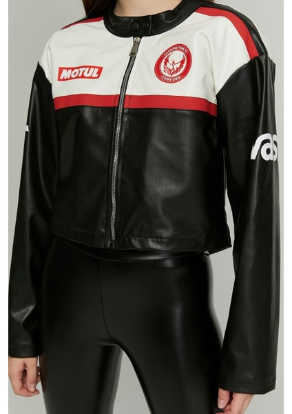 Kadın Oversize Baskılı Deri Şeritli Motorcu Montu Kısa Fermuarlı Yarışçı Ceketi Bomber Kolej Mont modelleri