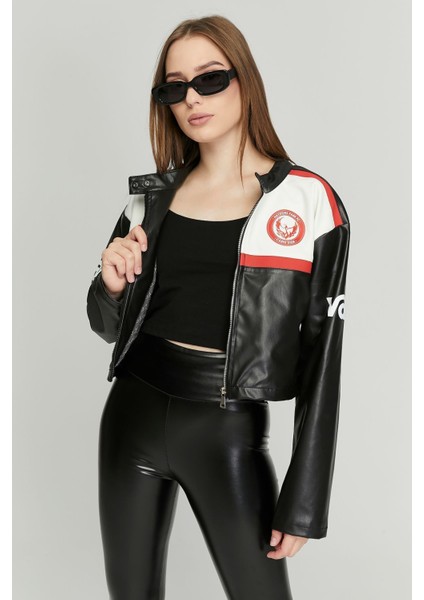 Kadın Oversize Baskılı Deri Şeritli Motorcu Montu Kısa Fermuarlı Yarışçı Ceketi Bomber Kolej Mont indirimleri