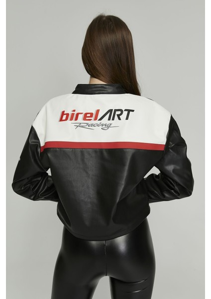 Kadın Oversize Baskılı Deri Şeritli Motorcu Montu Kısa Fermuarlı Yarışçı Ceketi Bomber Kolej Mont