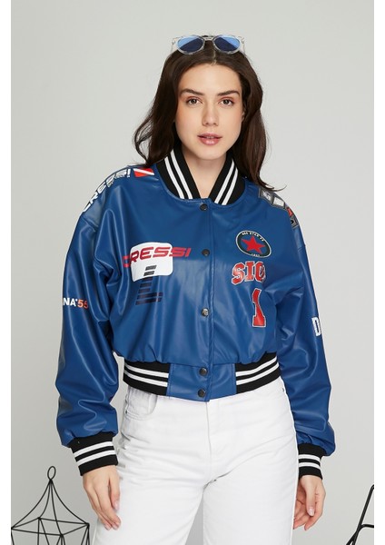 Kadın Baskılı Kolej Mont Bomber Ceket Deri Mont Oversize Deri Biker Yarışçı Motorcu Deri Ceket modelleri