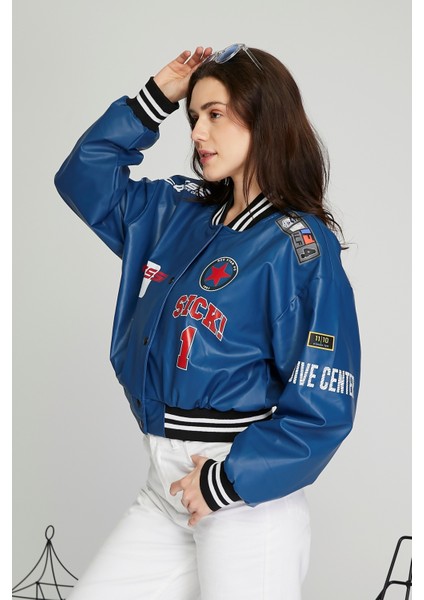 Kadın Baskılı Kolej Mont Bomber Ceket Deri Mont Oversize Deri Biker Yarışçı Motorcu Deri Ceket fırsatları