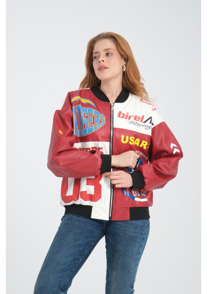 Kadın Oversize Baskılı Deri Motorcu Montu Fermuarlı Yarışçı Ceket Astarlı Bomber Kolej Mont modelleri