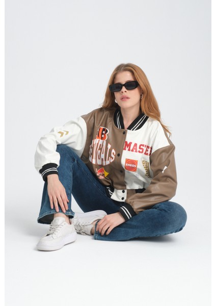 Kadın Deri Overisize Çift Renkli Baskılı Kolej Ceket Çıt Çıtlı Motorcu Montu Yarışçı Bomber Ceket