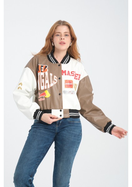 Kadın Deri Overisize Çift Renkli Baskılı Kolej Ceket Çıt Çıtlı Motorcu Montu Yarışçı Bomber Ceket fiyatları