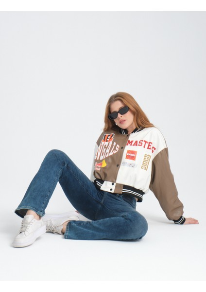 Kadın Deri Overisize Çift Renkli Baskılı Kolej Ceket Çıt Çıtlı Motorcu Montu Yarışçı Bomber Ceket fırsatları