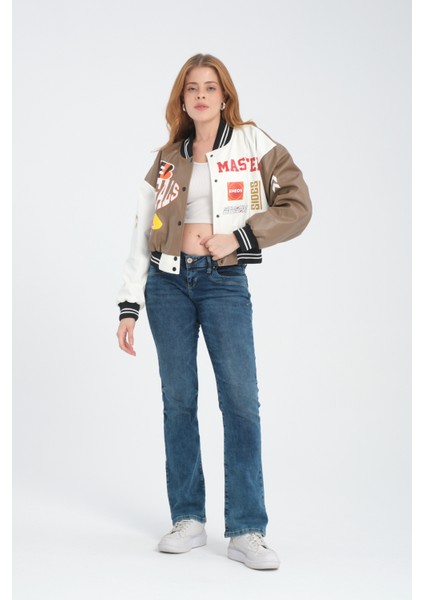 Kadın Deri Overisize Çift Renkli Baskılı Kolej Ceket Çıt Çıtlı Motorcu Montu Yarışçı Bomber Ceket indirimleri