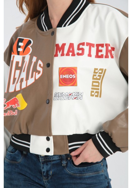 Kadın Deri Overisize Çift Renkli Baskılı Kolej Ceket Çıt Çıtlı Motorcu Montu Yarışçı Bomber Ceket