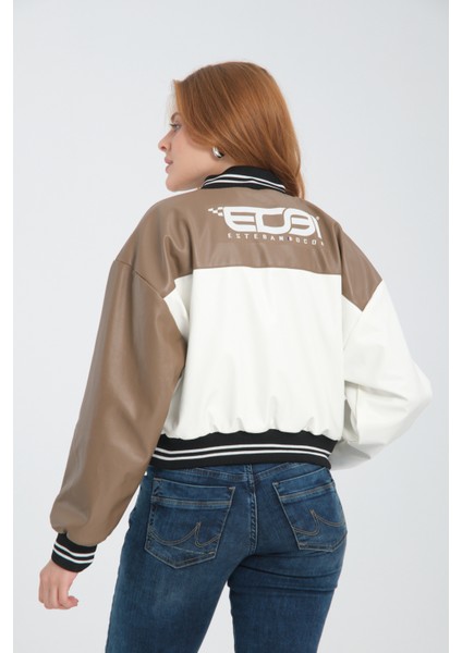 Kadın Deri Overisize Çift Renkli Baskılı Kolej Ceket Çıt Çıtlı Motorcu Montu Yarışçı Bomber Ceket