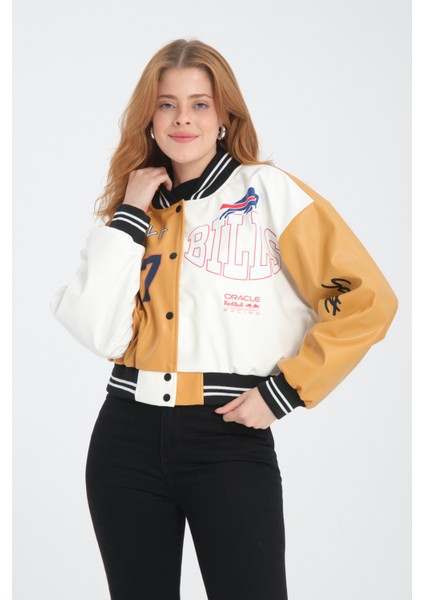 Kadın Deri Overisize Çift Renkli Baskılı Kolej Ceket Çıt Çıtlı Motorcu Montu Yarışçı Bomber Ceket modelleri