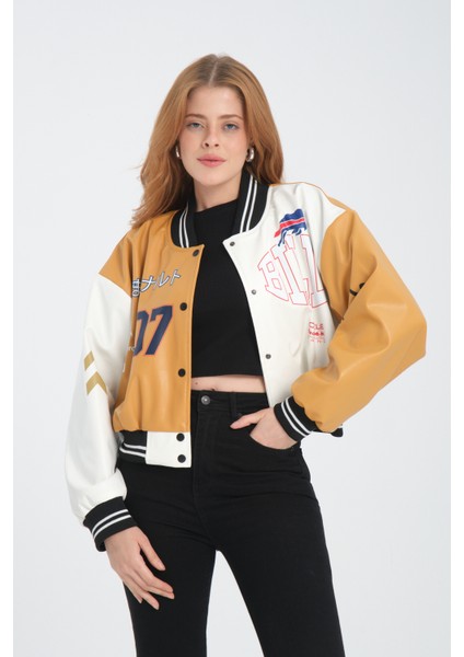 Kadın Deri Overisize Çift Renkli Baskılı Kolej Ceket Çıt Çıtlı Motorcu Montu Yarışçı Bomber Ceket fırsatları