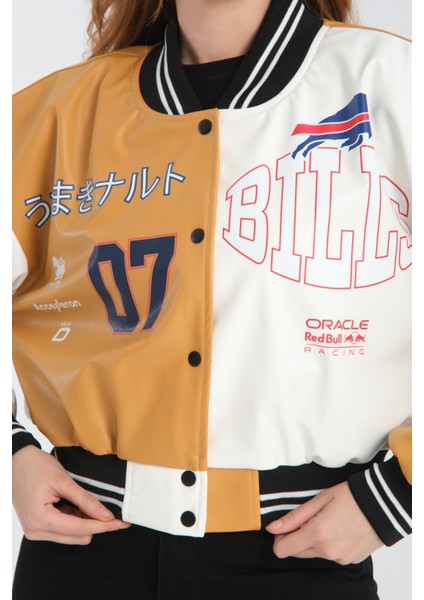 Kadın Deri Overisize Çift Renkli Baskılı Kolej Ceket Çıt Çıtlı Motorcu Montu Yarışçı Bomber Ceket