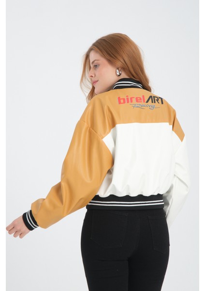 Kadın Deri Overisize Çift Renkli Baskılı Kolej Ceket Çıt Çıtlı Motorcu Montu Yarışçı Bomber Ceket