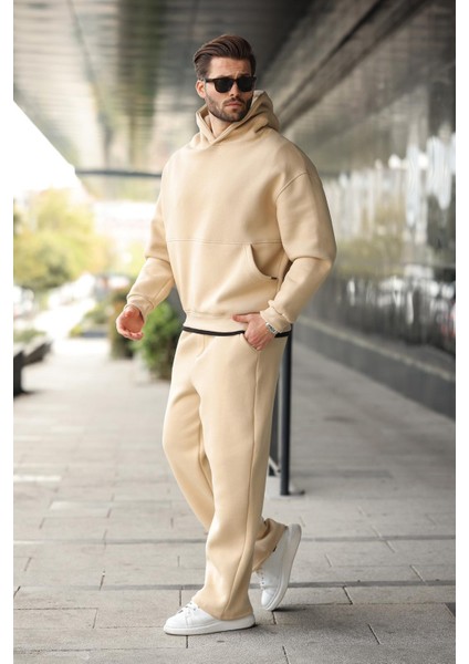 Bej Kapüşonlu Kanguru Cep Erkek Eşofman Takımı E7338