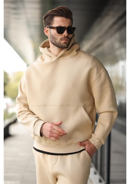 Bej Kapüşonlu Kanguru Cep Erkek Eşofman Takımı E7338 modelleri