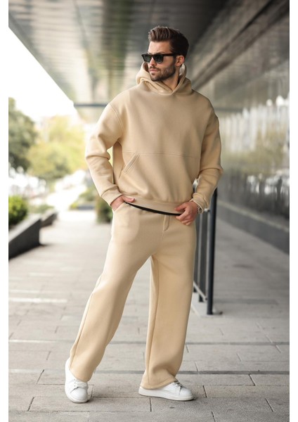Bej Kapüşonlu Kanguru Cep Erkek Eşofman Takımı E7338 fırsatları