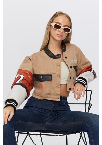 Kadın Oversize Kot Ceket Kolları Deri Garnili Düğmeli Motorcu Montu Baskılı Yarışçı Kolej Ceket