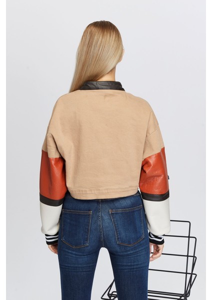 Kadın Oversize Kot Ceket Kolları Deri Garnili Düğmeli Motorcu Montu Baskılı Yarışçı Kolej Ceket