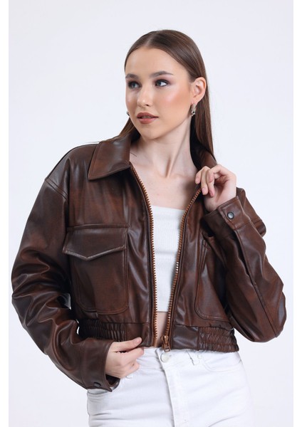 Kadın Deri Oversize Astarlı Kol Çıt Çıt Düğmeli Deri Mont Fermuar Kapamalı Kolej Mont Kahve